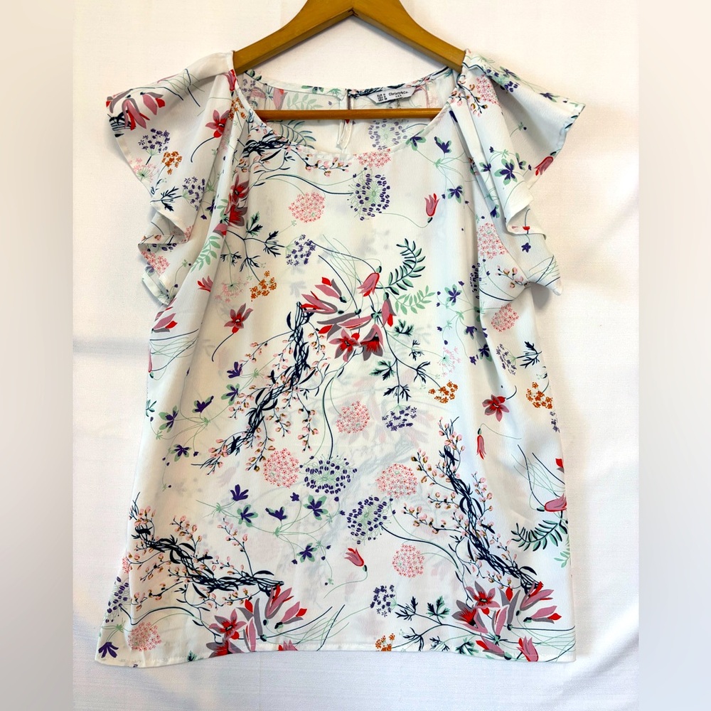 CHRISTY & CO. White Floral Ruffle Sleeve Blouse Size Medium